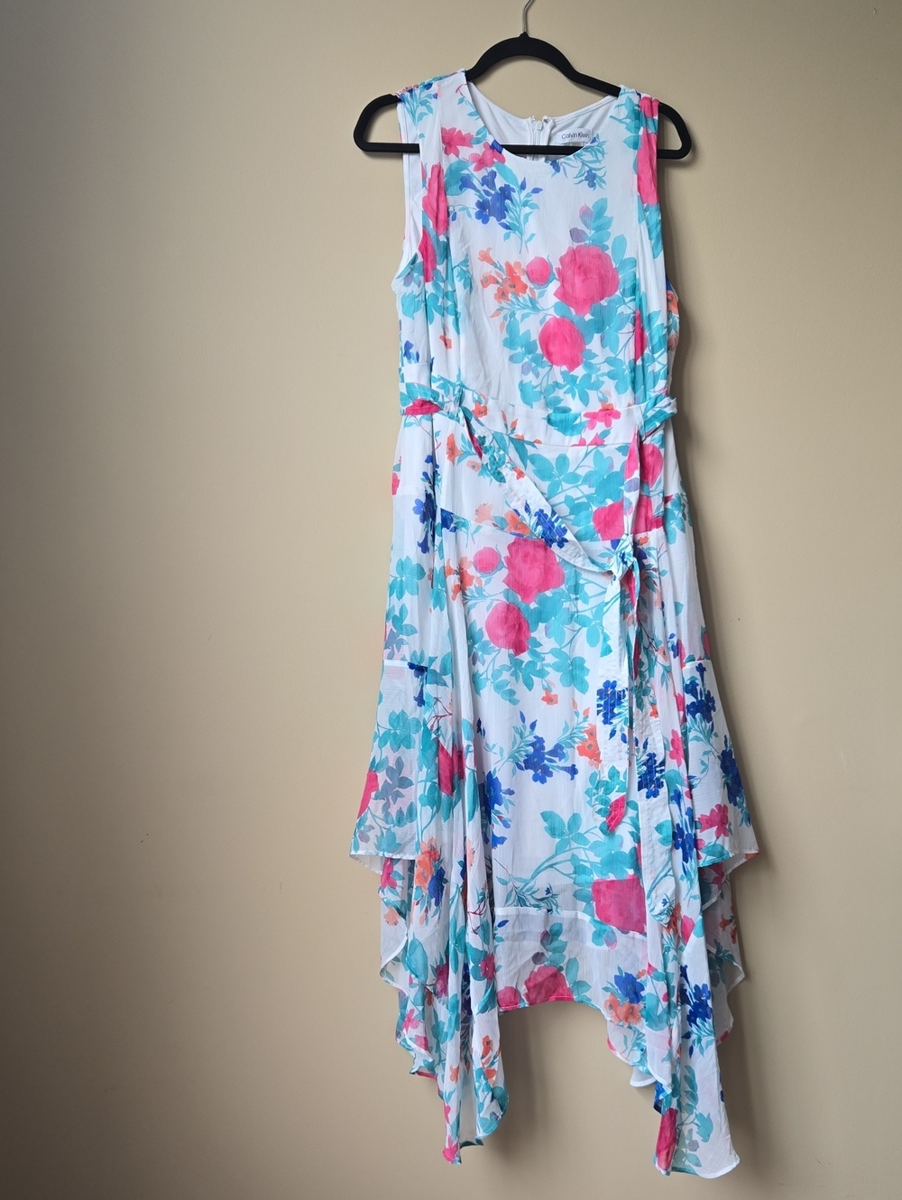 Calvin Klein White High-Low Floral Dress with Pink & Teal Print